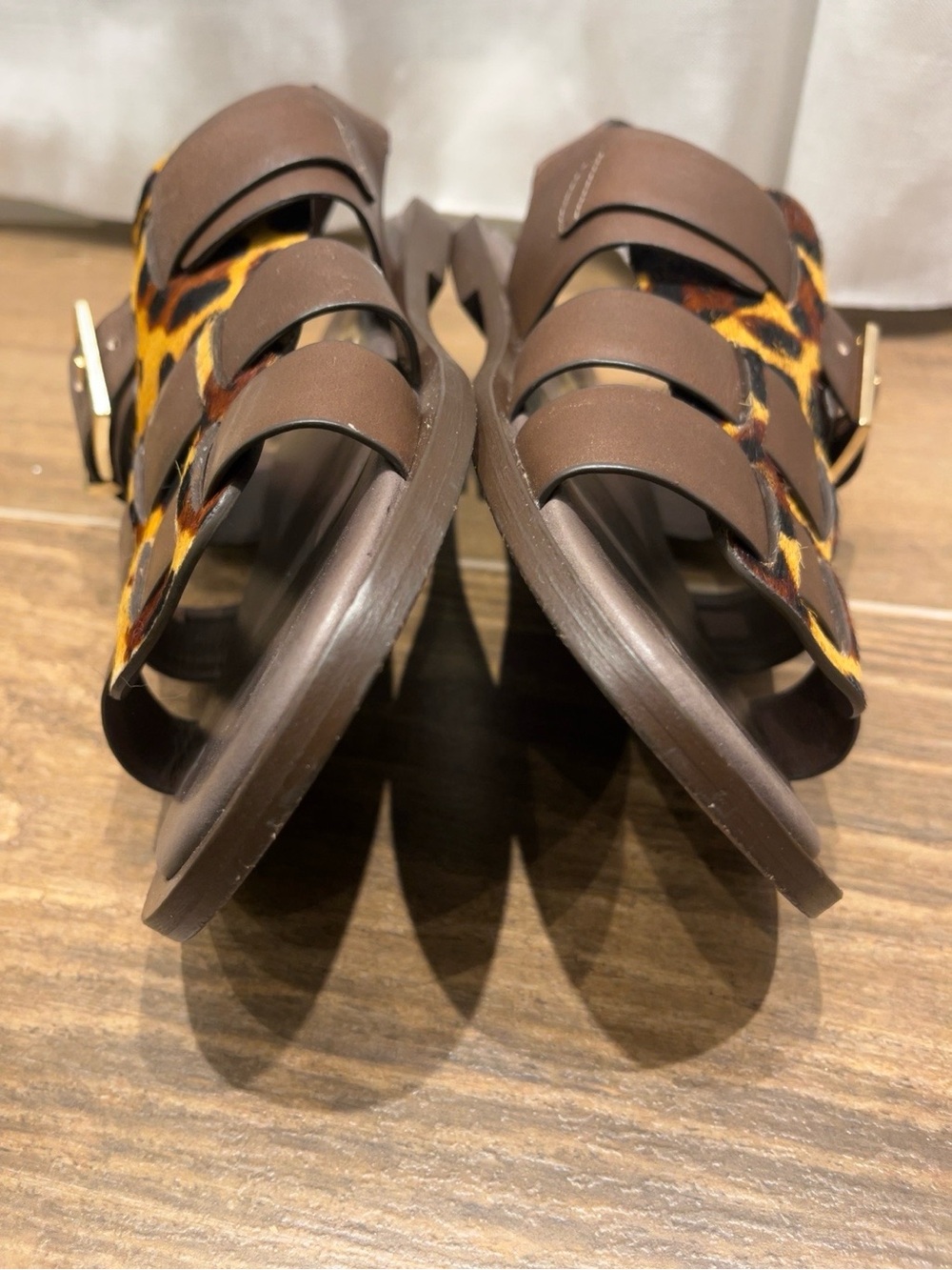 Vicenza Leopard Calf Hair Leather Fisherman Sandals Brown Gold Buckle Sz 10 - Picture 7 of 9
